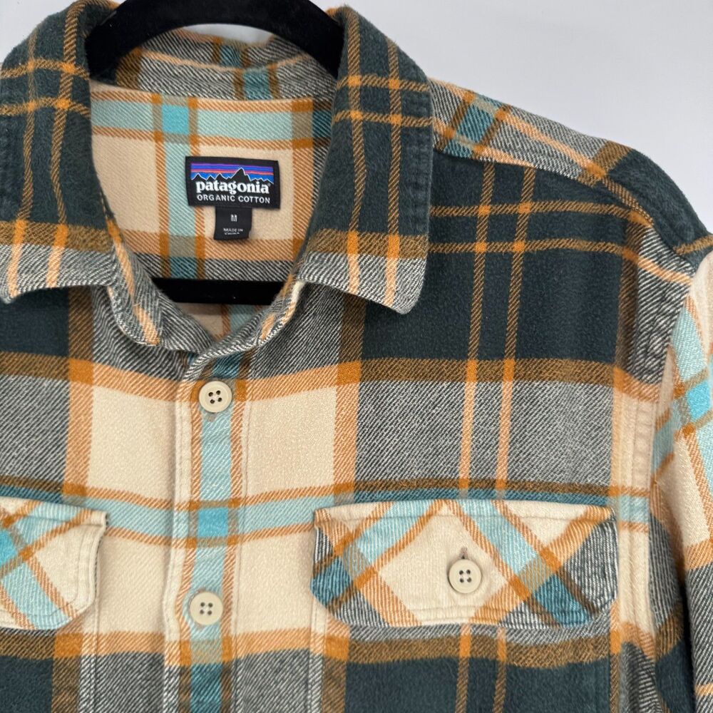 Patagonia Fjord Flannel Shirt Plaid Organic Cotton Men’s Medium Green Gold